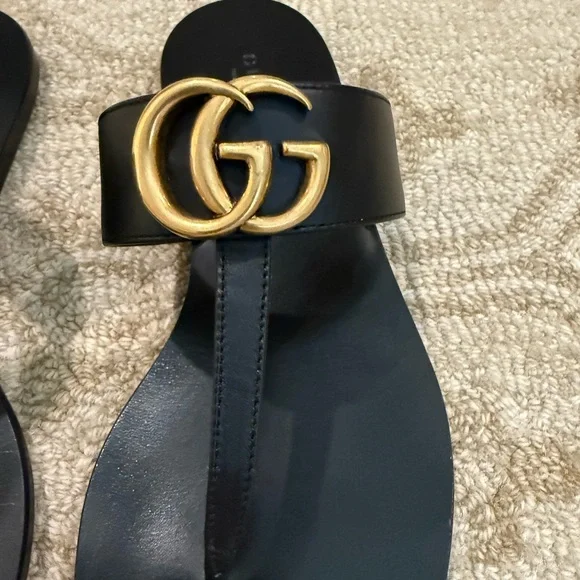 Black Gucci Flat Marmont Leather Thong Sandals Size 37 - Picture 9 of 13